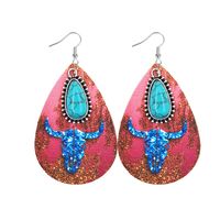 1 Pair Retro Sunflower Color Block Water Droplets Pu Leather Inlay Turquoise Women's Chandelier Earrings sku image 1