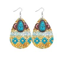 1 Pair Retro Sunflower Color Block Water Droplets Pu Leather Inlay Turquoise Women's Chandelier Earrings sku image 6