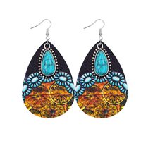1 Pair Retro Sunflower Color Block Water Droplets Pu Leather Inlay Turquoise Women's Chandelier Earrings sku image 5