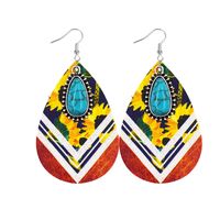 1 Pair Retro Sunflower Color Block Water Droplets Pu Leather Inlay Turquoise Women's Chandelier Earrings main image 3