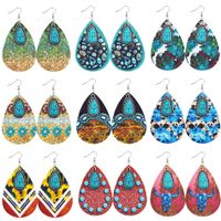 1 Pair Retro Sunflower Color Block Water Droplets Pu Leather Inlay Turquoise Women's Chandelier Earrings main image 6