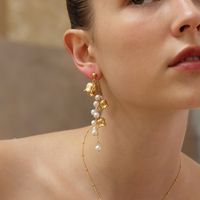 1 Pair IG Style Elegant Flower Asymmetrical Tassel Pearl Copper Gold Plated Drop Earrings Ear Studs main image 5