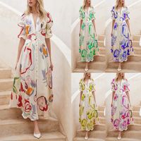 Women's A-line Skirt Elegant V Neck Printing Long Sleeve Flower Maxi Long Dress Daily main image 1