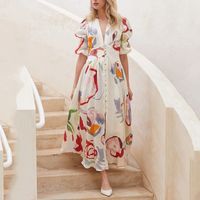Women's A-line Skirt Elegant V Neck Printing Long Sleeve Flower Maxi Long Dress Daily main image 2