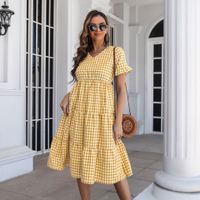 Women's Swing Dress Casual V Neck Short Sleeve Plaid Midi Dress Daily sku image 7