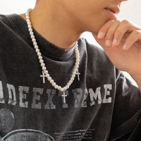 1 Piece Fashion Cross Imitation Pearl Alloy Inlay Rhinestones Men's Necklace main image 2