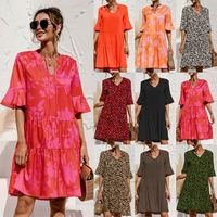 Women's Tiered Skirt Streetwear V Neck Printing Patchwork Short Sleeve Printing Midi Dress main image 6