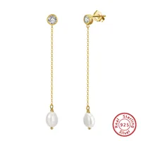 1 Pair Elegant Geometric Freshwater Pearl Sterling Silver Inlay Zircon Drop Earrings sku image 1