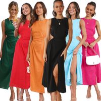 Women's A-line Skirt Casual Round Neck Lettuce Trim Hollow Out Sleeveless Solid Color Midi Dress Street main image 1