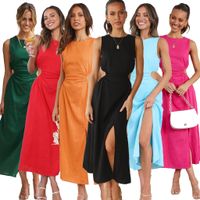 Women's A-line Skirt Casual Round Neck Lettuce Trim Hollow Out Sleeveless Solid Color Midi Dress Street main image 2