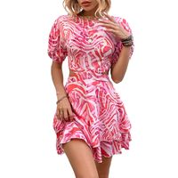 Women's Tiered Skirt Sexy Round Neck Printing Hollow Out Short Sleeve Stripe Knee-length Holiday main image 5