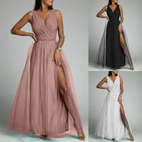 Sexy Solid Color V Neck Sleeveless Slit Spandex Polyester Maxi Long Dress Swing Dress main image 1