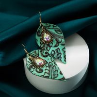 1 Pair Retro Exaggerated Leaves Water Droplets Inlay Pu Leather Glass Drill Drop Earrings main image 4