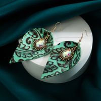 1 Pair Retro Exaggerated Leaves Water Droplets Inlay Pu Leather Glass Drill Drop Earrings sku image 3