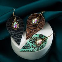 1 Pair Retro Exaggerated Leaves Water Droplets Inlay Pu Leather Glass Drill Drop Earrings main image 1