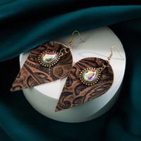 1 Pair Retro Exaggerated Leaves Water Droplets Inlay Pu Leather Glass Drill Drop Earrings main image 3