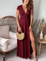 Women's A-line Skirt Sheath Dress Wedding Simple Style Classic Style V Neck Deep V Plunging Neck Thigh Slit Slit Ruched Short Sleeve Simple Solid Color Maxi Long Dress Banquet Daily Party main image 10