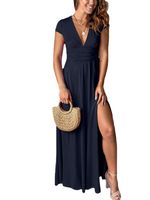Women's A-line Skirt Sheath Dress Wedding Simple Style Classic Style V Neck Deep V Plunging Neck Thigh Slit Slit Ruched Short Sleeve Simple Solid Color Maxi Long Dress Banquet Daily Party main image 4