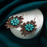 Wholesale Jewelry 1 Pair Ethnic Style Flower Leather Turquoise Drop Earrings sku image 3