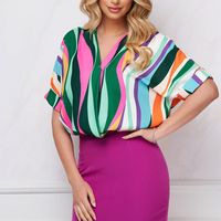 Women's Blouse Short Sleeve Blouses Printing Contrast Binding Elegant Stripe main image 5