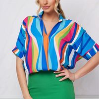 Women's Blouse Short Sleeve Blouses Printing Contrast Binding Elegant Stripe main image 1