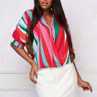 Women's Blouse Short Sleeve Blouses Printing Contrast Binding Elegant Stripe main image 2
