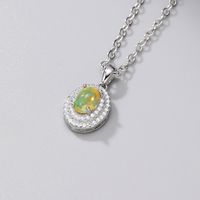 Vintage Style Oval Feather Sterling Silver Plating Inlay Artificial Gemstones 18k Gold Plated Pendant Necklace sku image 3