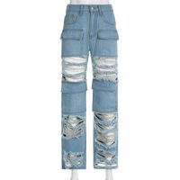 Femmes Du Quotidien Vêtement De Rue Couleur Unie Toute La Longueur Déchiré Jeans Pantalon Droit sku image 12