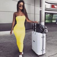 Women's One Shoulder Skirt Sexy Strapless Washed Sleeveless Solid Color Maxi Long Dress Casual main image 8
