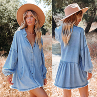 Women's Denim Shirt Dress Streetwear Turndown Long Sleeve Solid Color Above Knee Daily Street main image 1