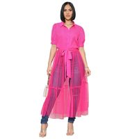Women's Regular Dress Casual Turndown Patchwork Transparent Short Sleeve Solid Color Maxi Long Dress Daily sku image 6