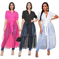 Women's Regular Dress Casual Turndown Patchwork Transparent Short Sleeve Solid Color Maxi Long Dress Daily main image 6