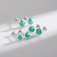 1 Pair Vintage Style Round Sterling Silver Plating Inlay Turquoise Rhodium Plated Ear Studs main image 3