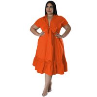 A-line Skirt Elegant Turndown Straps Short Sleeve Solid Color Midi Dress Daily Shopping main image 3