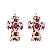 Elegant Retro Cross Leopard Alloy Leather Inlay Rhinestones Glass Women's Drop Earrings main image 2