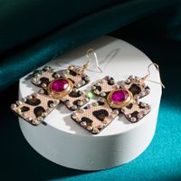Elegant Retro Cross Leopard Alloy Leather Inlay Rhinestones Glass Women's Drop Earrings sku image 2