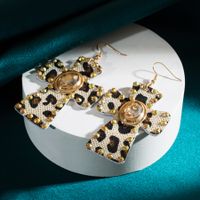 Elegant Retro Cross Leopard Alloy Leather Inlay Rhinestones Glass Women's Drop Earrings sku image 1