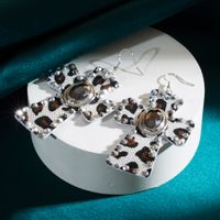 Elegant Retro Cross Leopard Alloy Leather Inlay Rhinestones Glass Women's Drop Earrings sku image 3