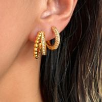 1 Paire Sucré Forme C Placage Incruster Acier Au Titane Zircon Plaqué Or 18k Des Boucles D'oreilles main image 3