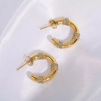 1 Par Estilo Moderno Ronda Acero Titanio Enchapado Embutido Circón Chapado En Oro De 18 Quilates. Aretes main image 3