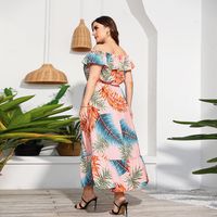 Femmes Robe Trapèze Élégant Hors Épaule Impression Manche Courte Feuille Maxi Longue Robe Vacances Rue main image 3