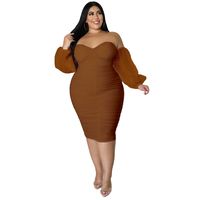 Pencil Skirt Sexy Collarless Rib-knit Pleated Long Sleeve Solid Color Midi Dress Party main image 4