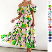Women's One Shoulder Skirt Vacation Boat Neck Printing Backless Short Sleeve Ditsy Floral Maxi Long Dress Street main image 1