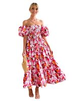 Femmes Une Épaule Jupe Vacances Col Bateau Impression Dos Nu Manche Courte Petites Fleurs Maxi Longue Robe Rue main image 6