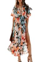 Women's A-line Skirt Streetwear V Neck Printing Zipper Short Sleeve Flower Maxi Long Dress Daily main image 5