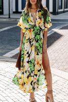 Women's A-line Skirt Streetwear V Neck Printing Zipper Short Sleeve Flower Maxi Long Dress Daily main image 4