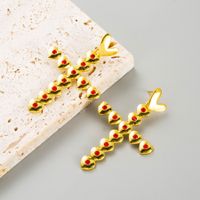 Wholesale Jewelry 1 Pair Sweet Cross Heart Shape Alloy Rhinestones Gold Plated Drop Earrings main image 4