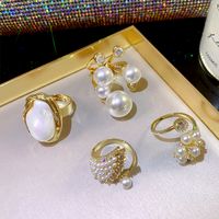 Elegant Geometrisch Legierung Kupfer Inlay Künstliche Perlen Strasssteine 14 Karat Vergoldet Offener Ring main image 4