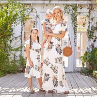 Vacation Flower Polyester Chiffon Skirt Sets Midi Dress Family Matching Outfits sku image 6