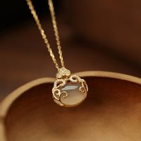 Simple Style Longevity Lock Copper Inlay Artificial Gemstones Gold Plated Pendant Necklace sku image 1